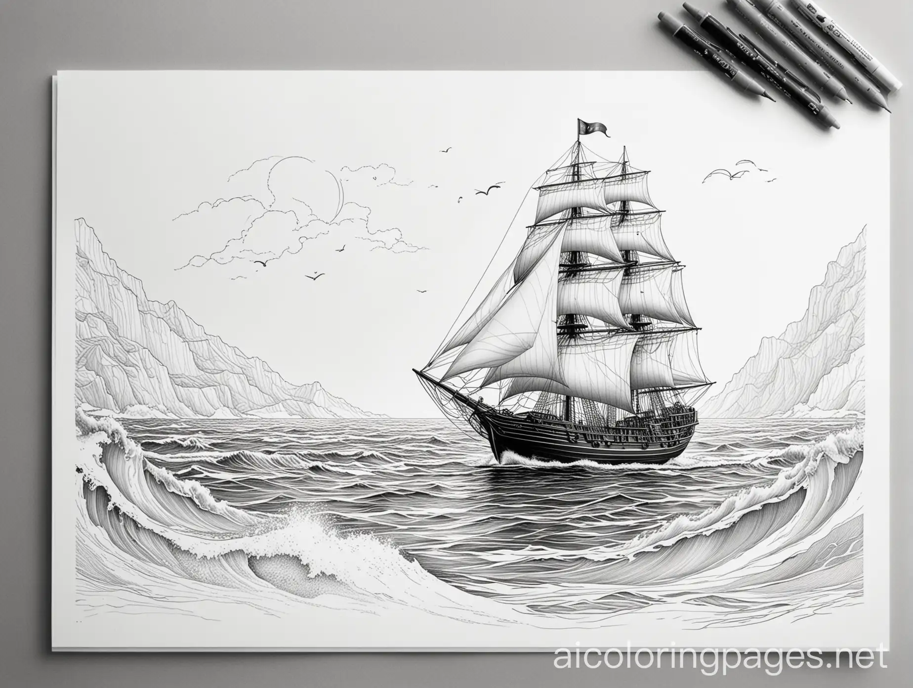 Realistic-Ocean-Sailing-Coloring-Page-with-Simple-Line-Art