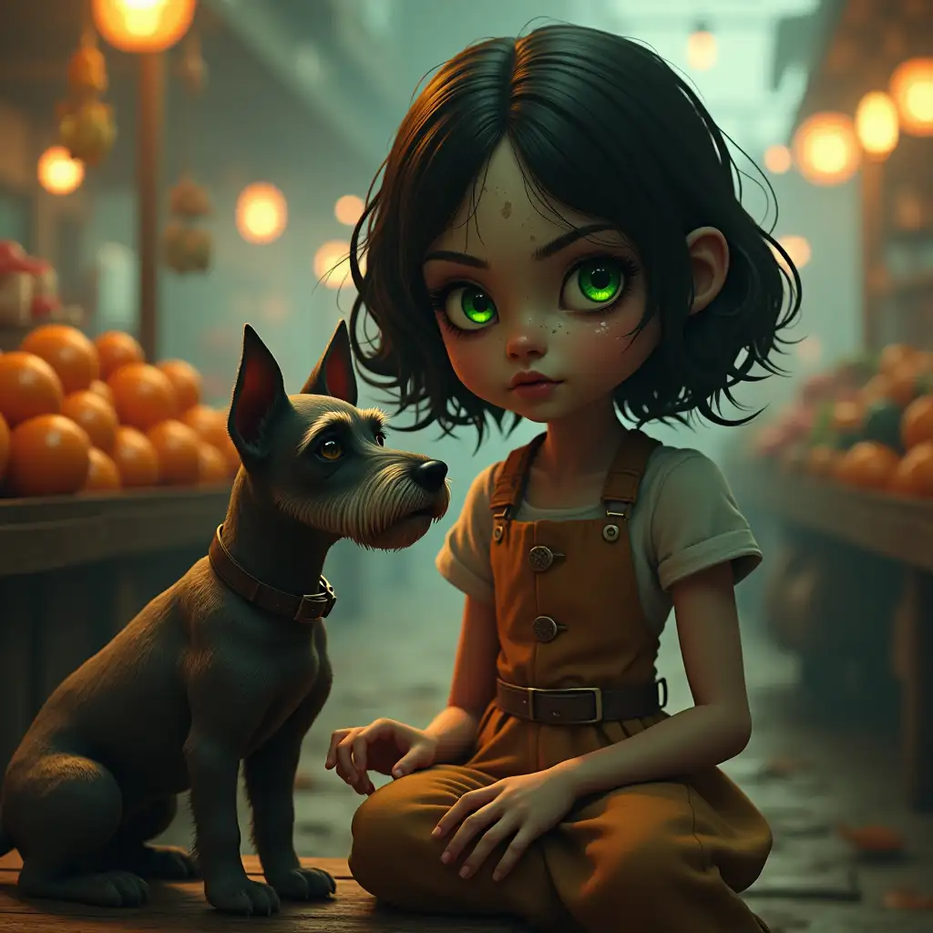 (Bioshock) Little sister with raven hair, glowing green eyes and pale gray cracked skin playing with her Peach colored Miniature Schnauzer in the Farmer's Market of Arcadia in Rapture_(Bioshock)