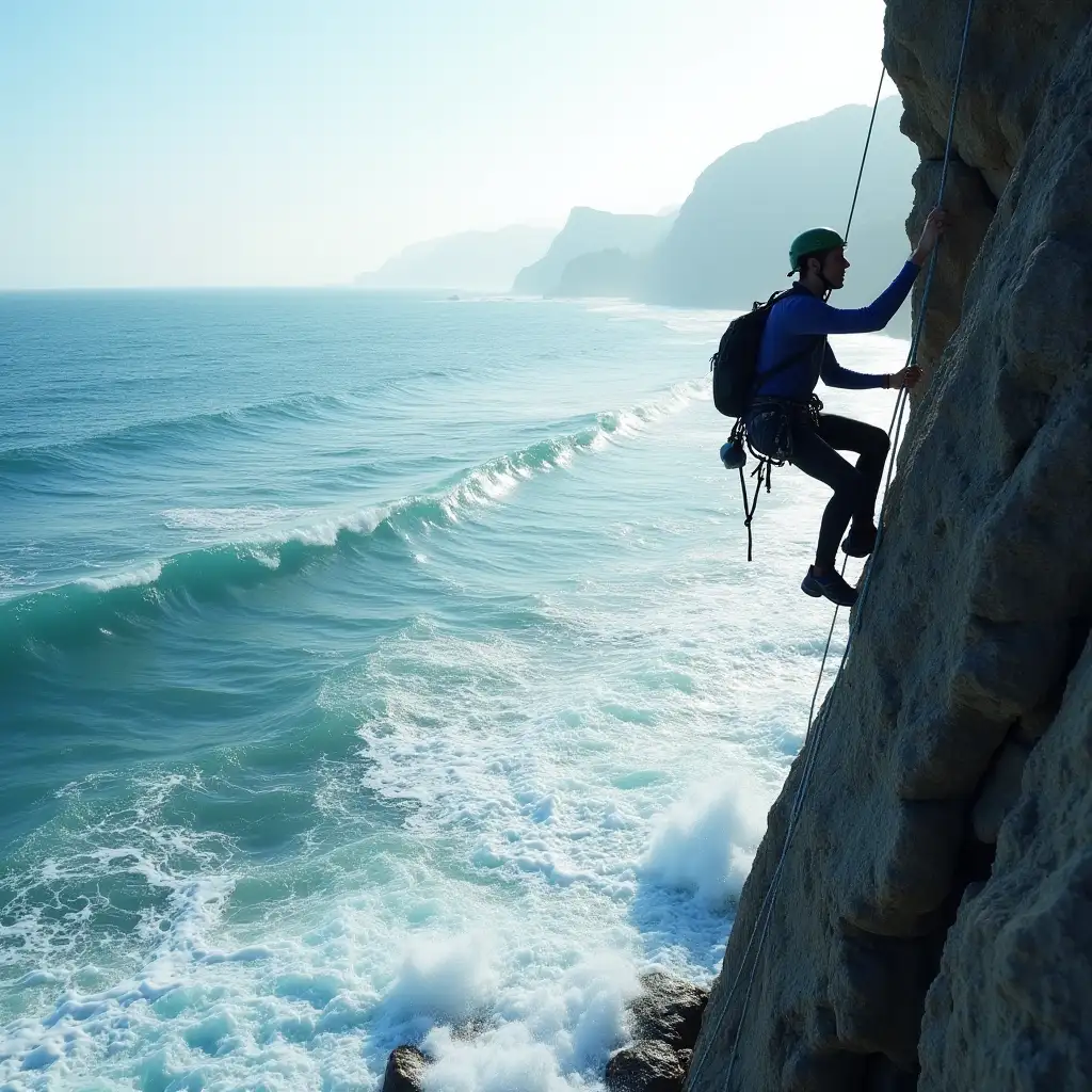 a climber in the foreground climbing a cliff with the stormy sea in the background on a sunny day