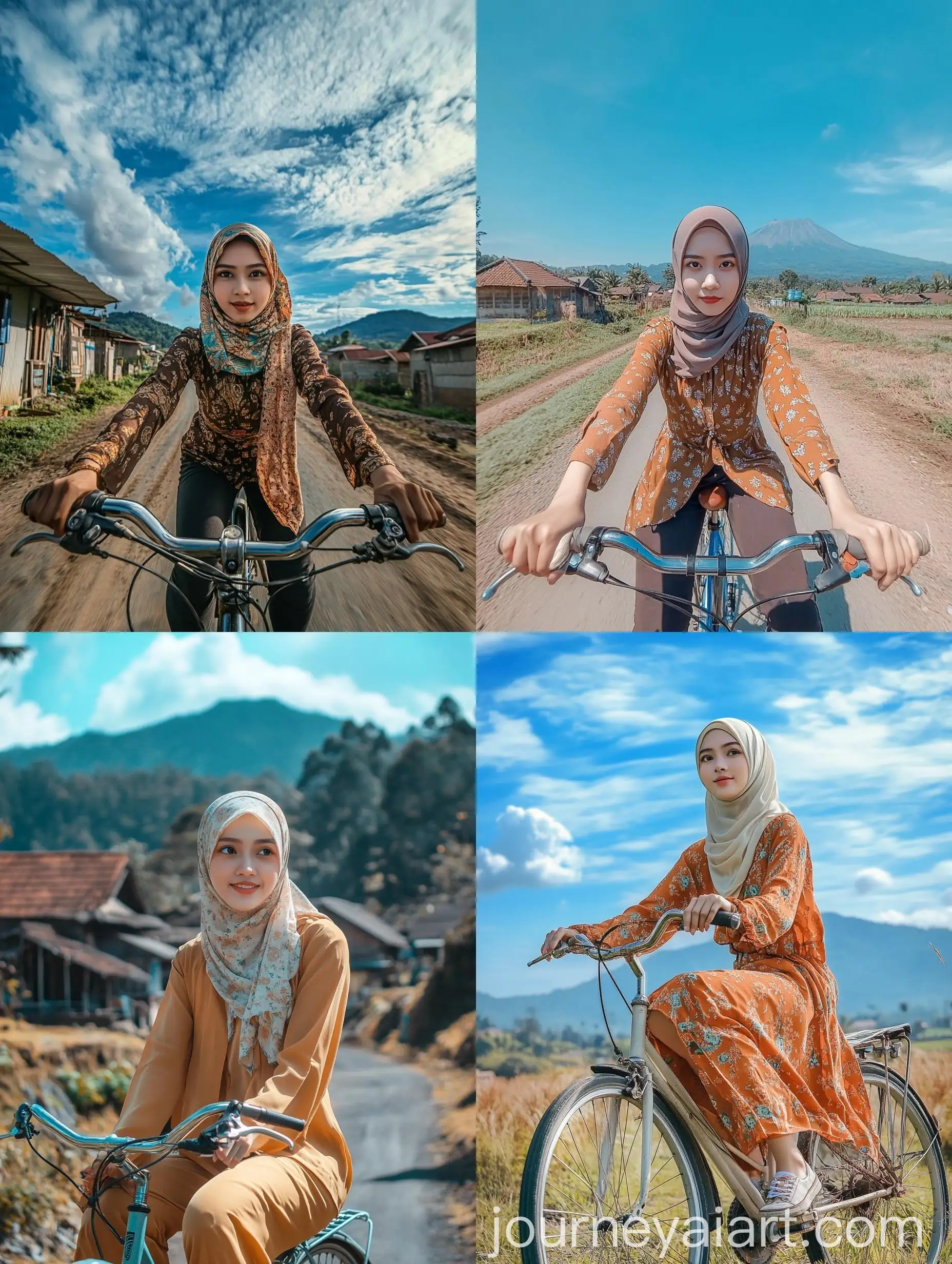 Serene-Indonesian-Woman-Riding-Bicycle-in-Countryside-with-Mount-Semeru-View