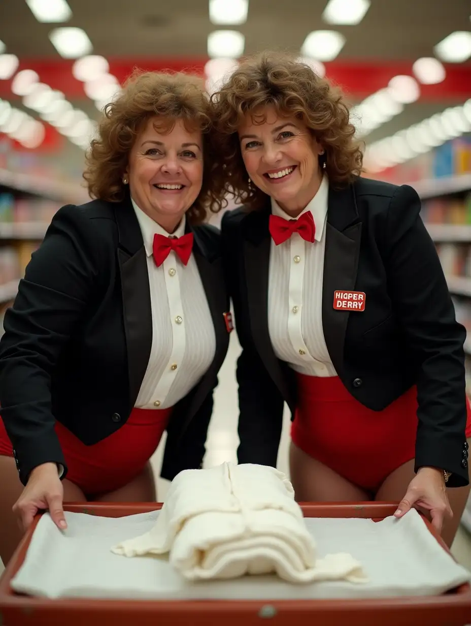 Older-Caucasian-Women-in-Formal-Orchestra-Tuxedo-at-Supermarket-Changing-Table-with-Diapers