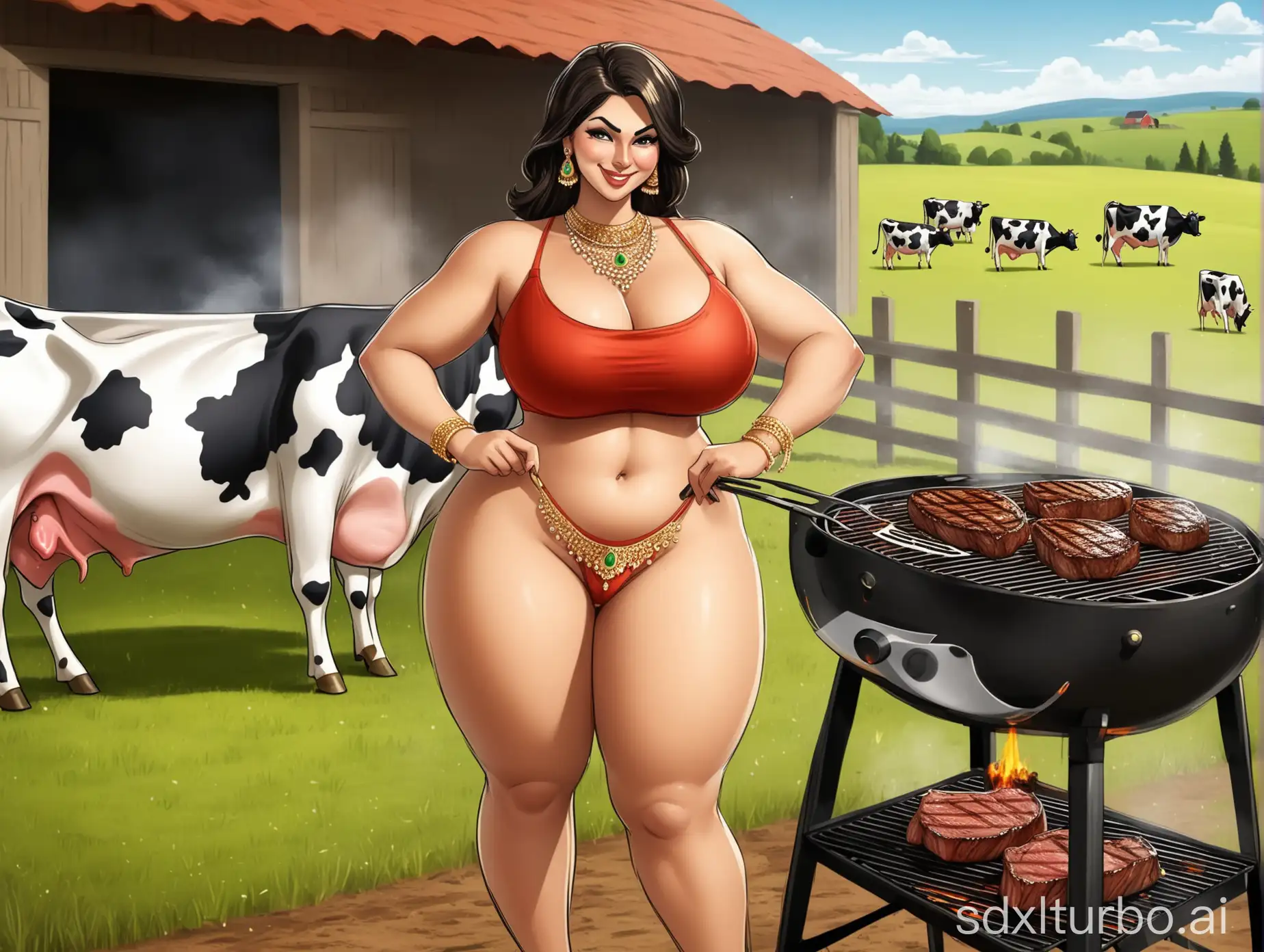 Indian-Woman-Cooking-Steak-on-Farm-with-Cows-Grazing