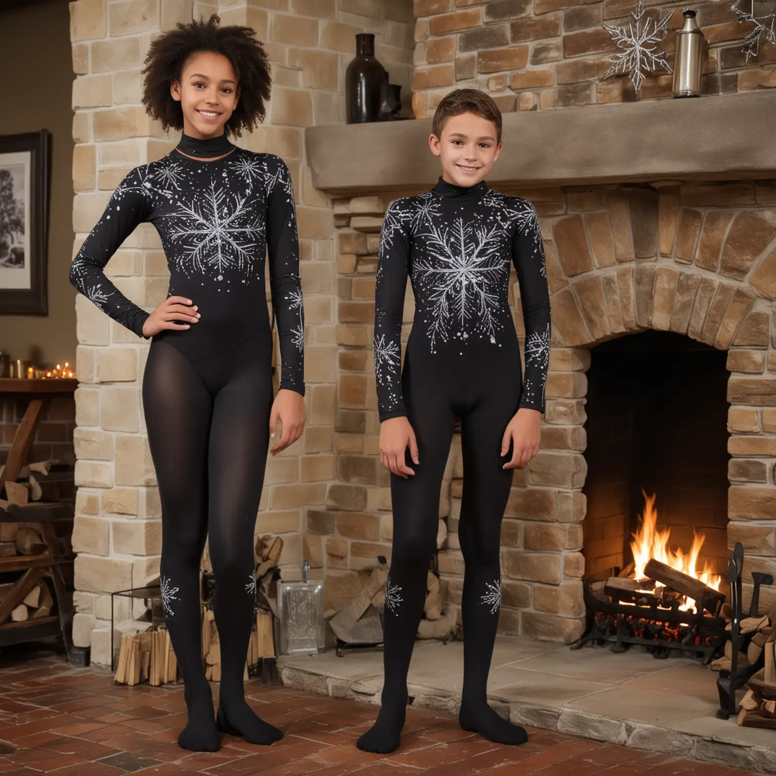 High-School-Students-in-Silver-Snowflake-Costumes-by-the-Fireplace