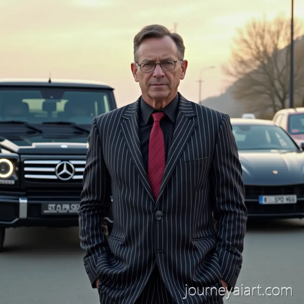 Confident-Businessman-in-Striped-Suit-with-Luxury-Cars-and-Heavenly-Background
