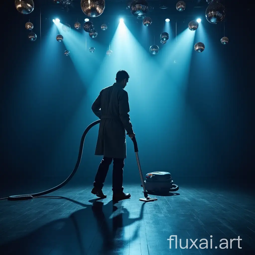 a dark dancing room, dark blue, gray, stroboscope light, disco balls hang on the ceiling, mirror glare on the floor, a man in a gray work coat vacuums with a retro vacuum cleaner