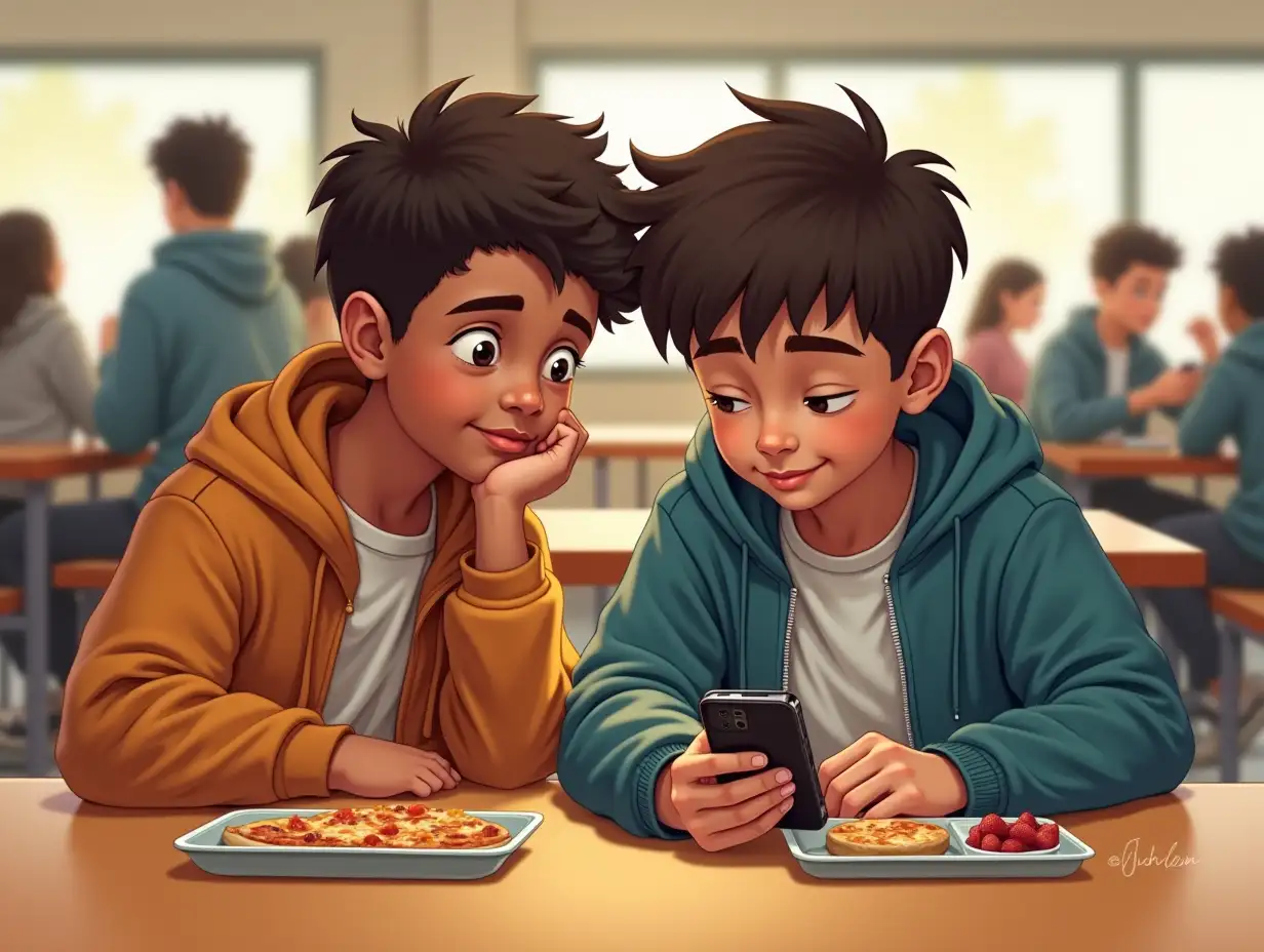 Create a realistic digital illustration of 14-year-old Micah and his friend Jaden sitting together at a school cafeteria table, enjoying lunch. Micah is flipping open his Bible app on his phone, while Jaden leans in with curiosity. Both boys have relaxed and engaged expressions, showing a mix of casual conversation and spiritual reflection. Their lunch trays have typical school food—pizza, fruit, or sandwiches. The background captures the lively atmosphere of a school cafeteria, with other students chatting and eating, but the focus remains on the quiet yet meaningful moment between Micah and Jaden as they explore their faith together.