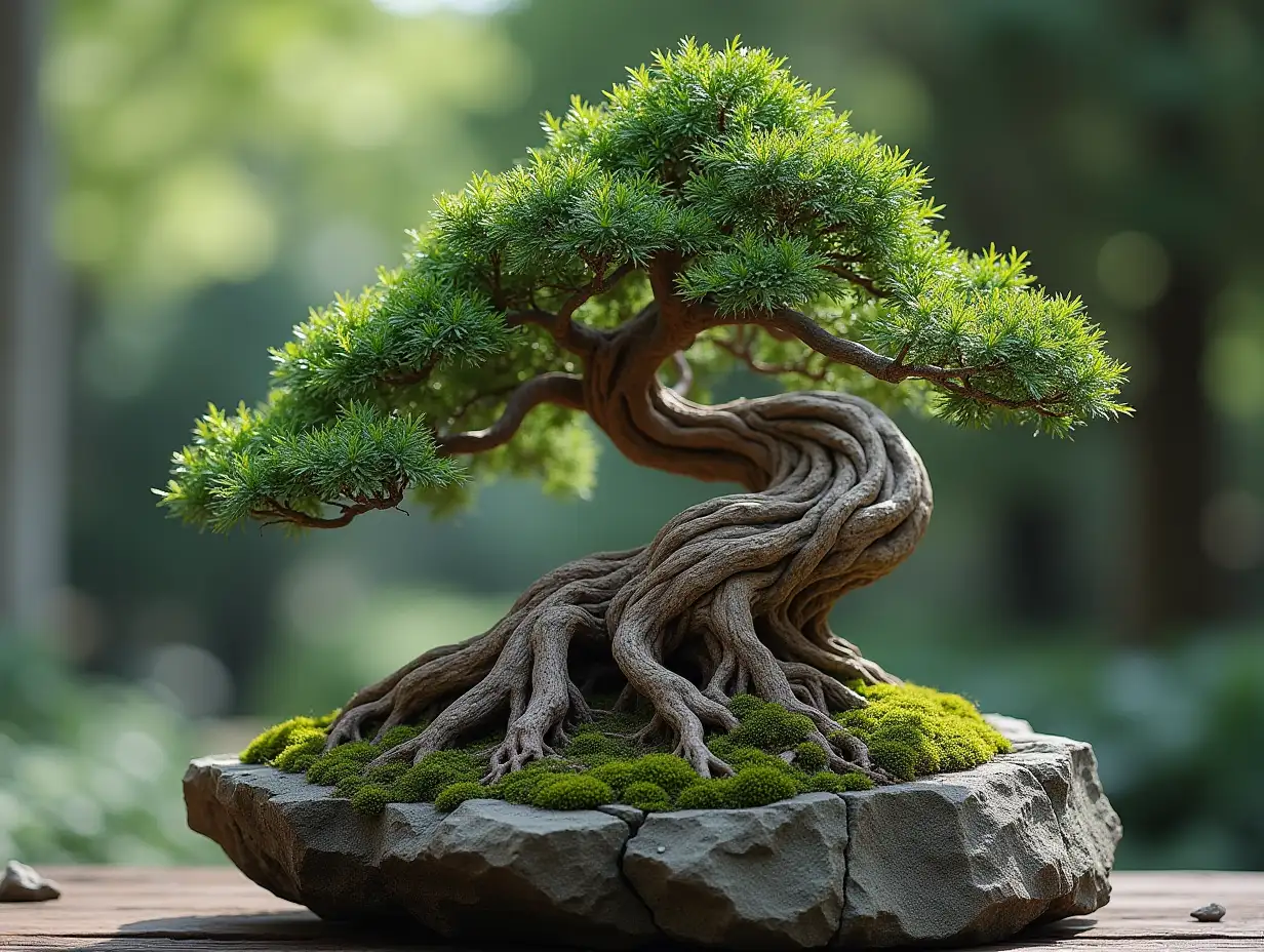 A beautiful, ancient and gnarled bonsai tree growing out of a rugged rock, its twisted roots gripping the stone tightly. The bonsai has a weathered, contorted trunk with dramatic curves and textured bark, showing the passage of time. Part of the trunk is dead and bleached (jin), contrasting with the living wood and adding a sense of resilience and age. Soft green moss grows on the rock and around the base of the bonsai. The scene is bathed in gentle natural light, evoking a peaceful, meditative atmosphere, inspired by traditional Japanese wabi-sabi aesthetics.