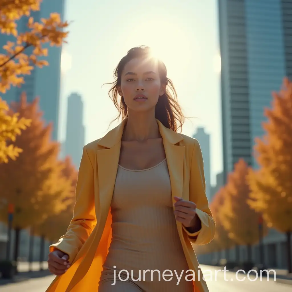Futuristic-Model-Running-in-Cityscape-with-Reflecting-Skyscrapers