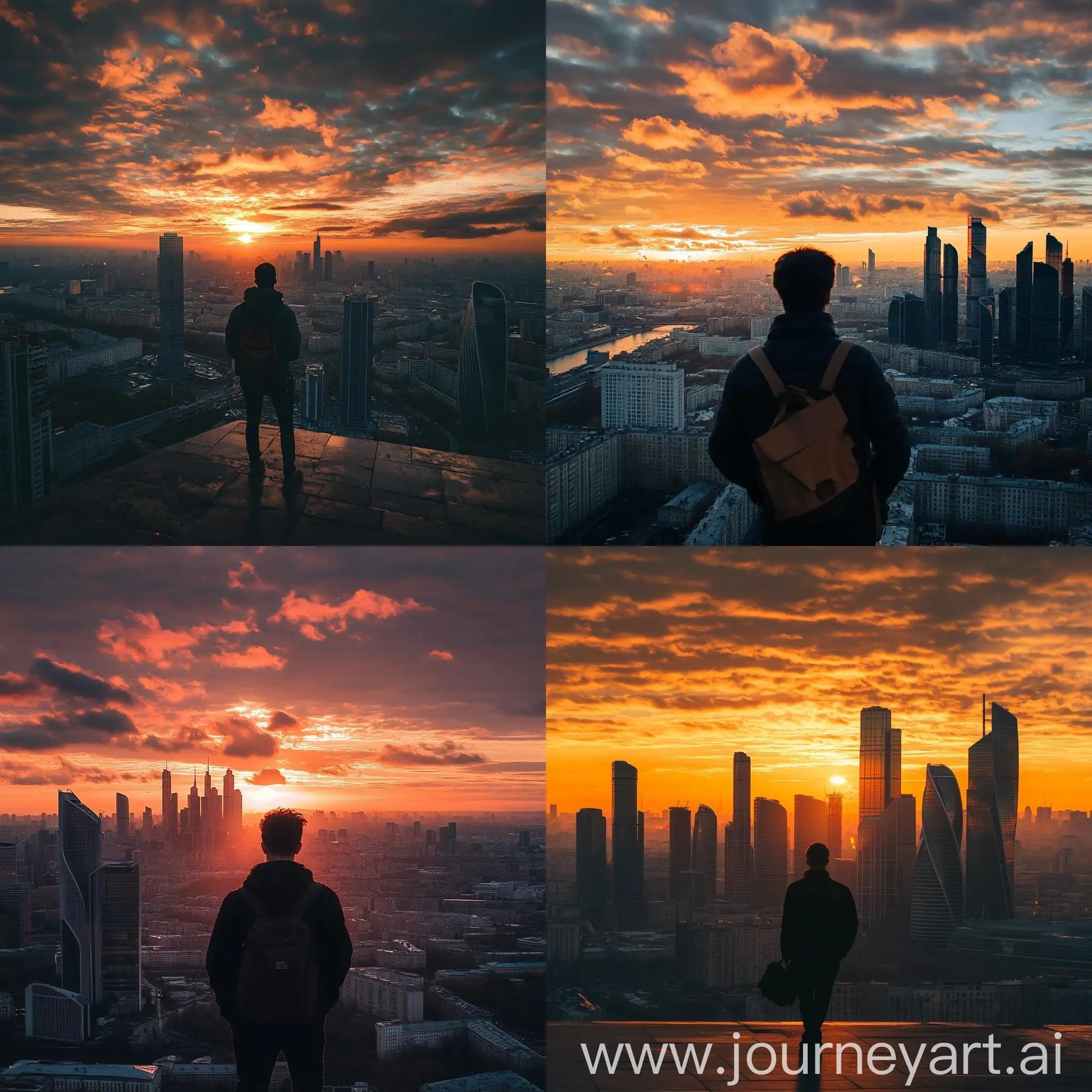 Cityscape-Sunset-with-Young-Man-Silhouette-and-Moscow-Skyline