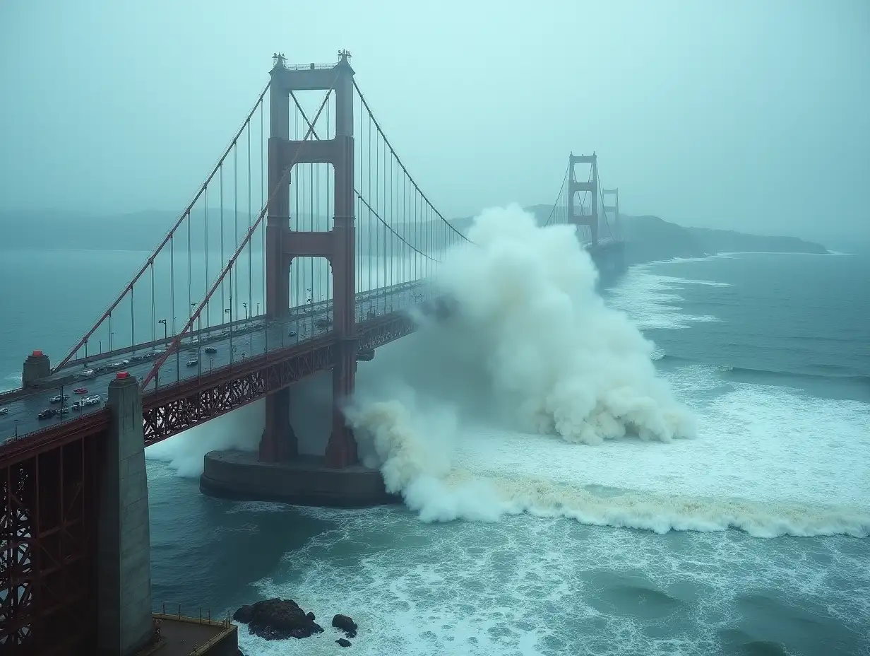 the largest bridge in America was hit by a tsunami, big waves, flash floods, tornadoes. real photo, looks real, FHD