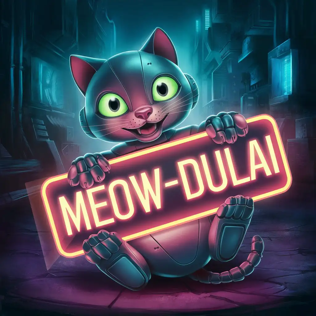 Robotic-Cat-with-Neon-Sign-Displaying-Meowdulai