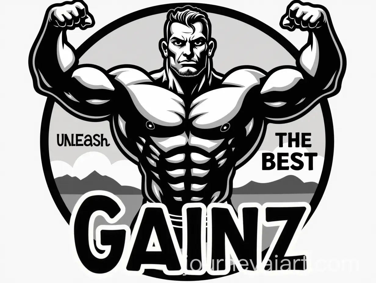 Black-and-White-Vector-Logo-with-Muscleman-and-Motivational-Text-for-TShirt-Design