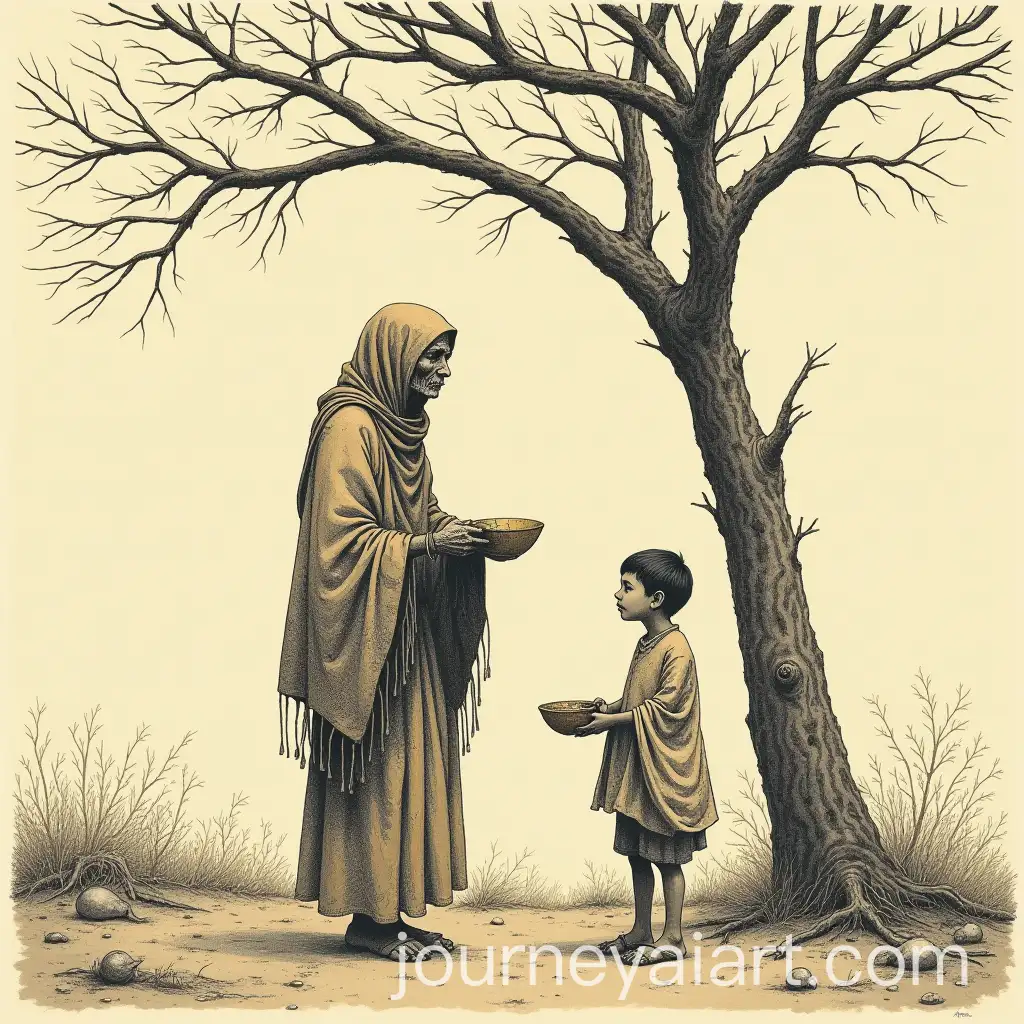 Gaunt-Blind-Old-Woman-and-Son-in-Rajasthani-Bandhani-Shawl-Under-Leafless-Tree