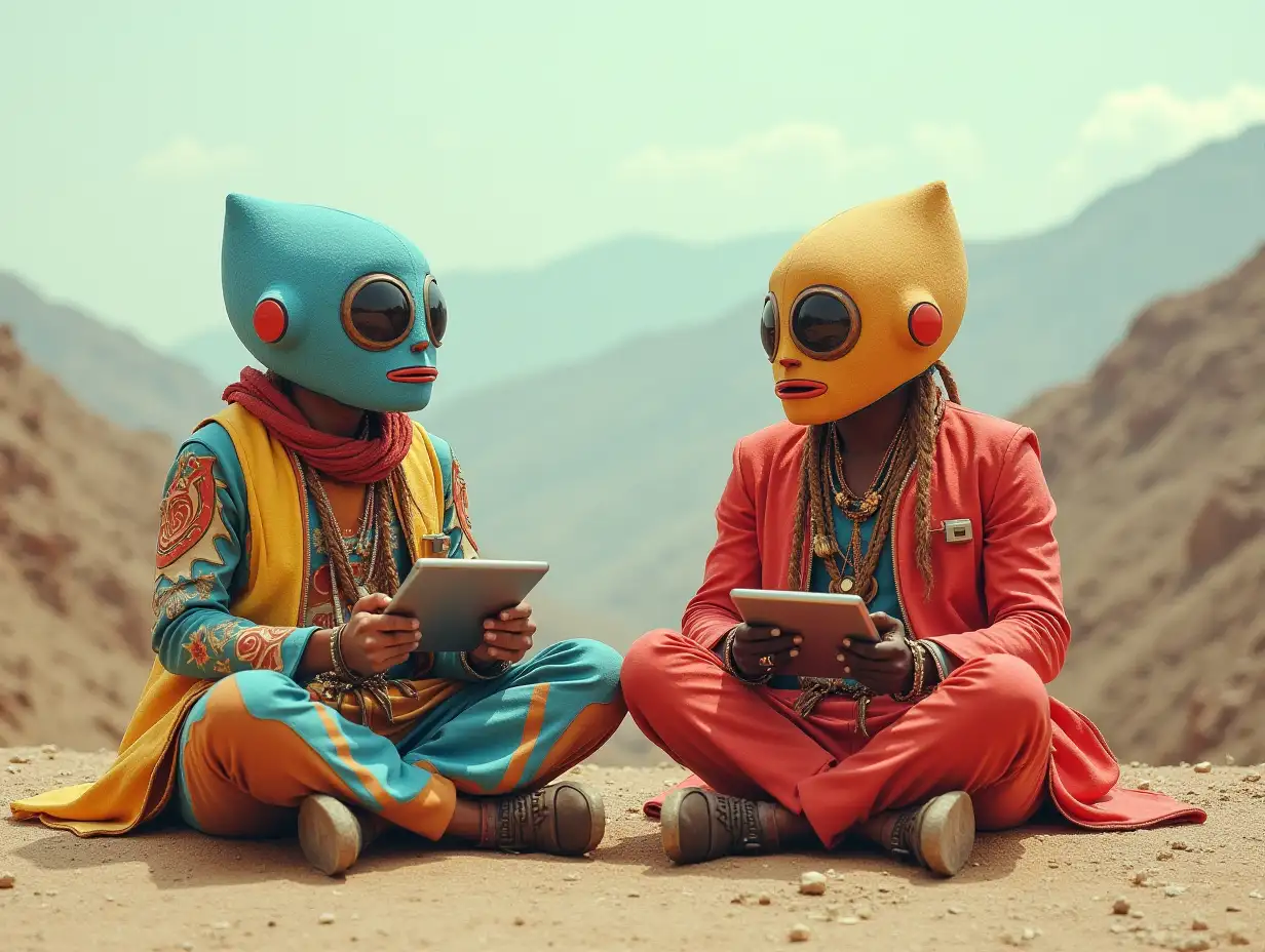 Two-Indian-Men-in-Colorful-Foam-Robot-Costumes-with-Tablets-in-Front-of-Hills-1970s-Style