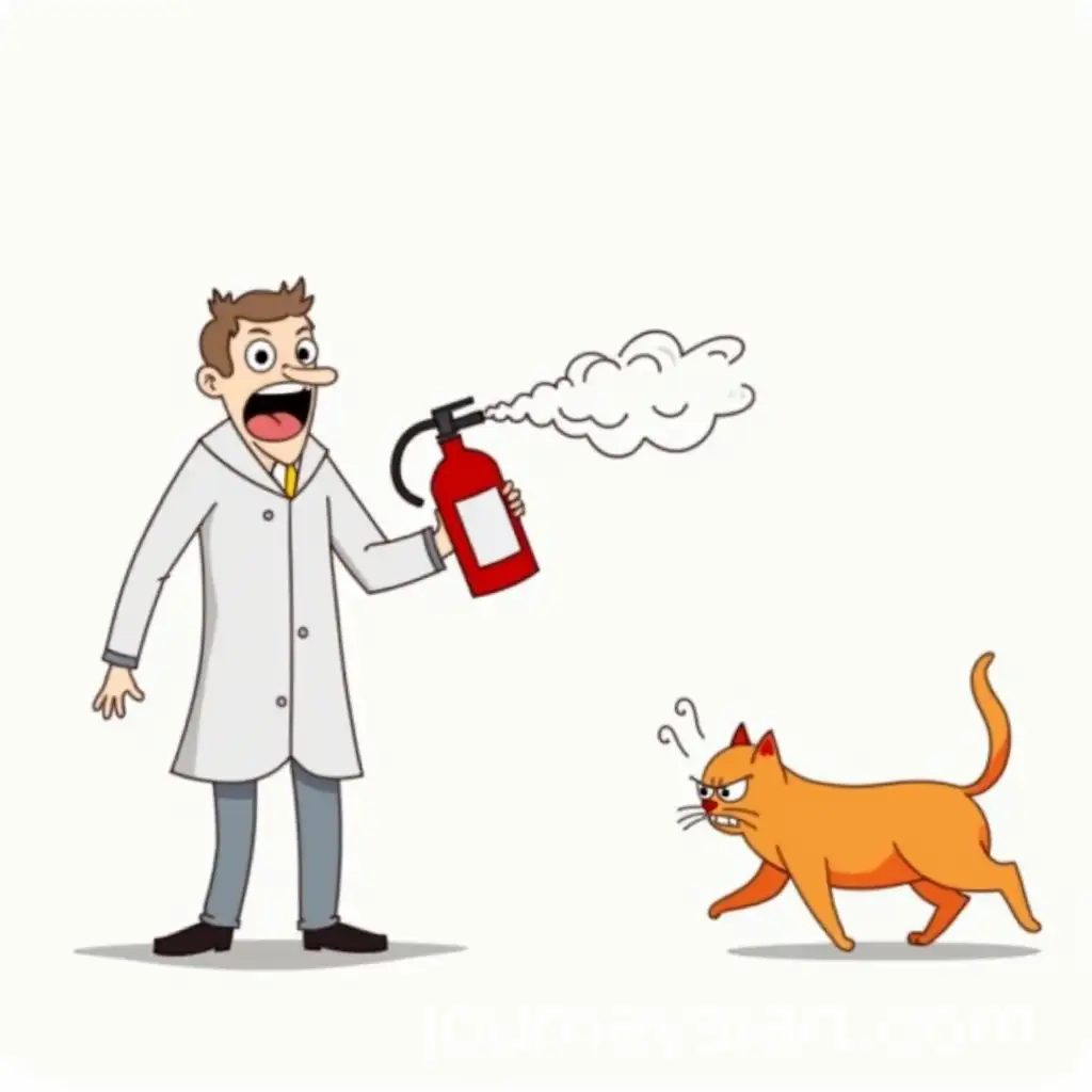 Crazy-Person-in-White-Medical-Gown-Spraying-Orange-Cat-with-Fire-Extinguisher