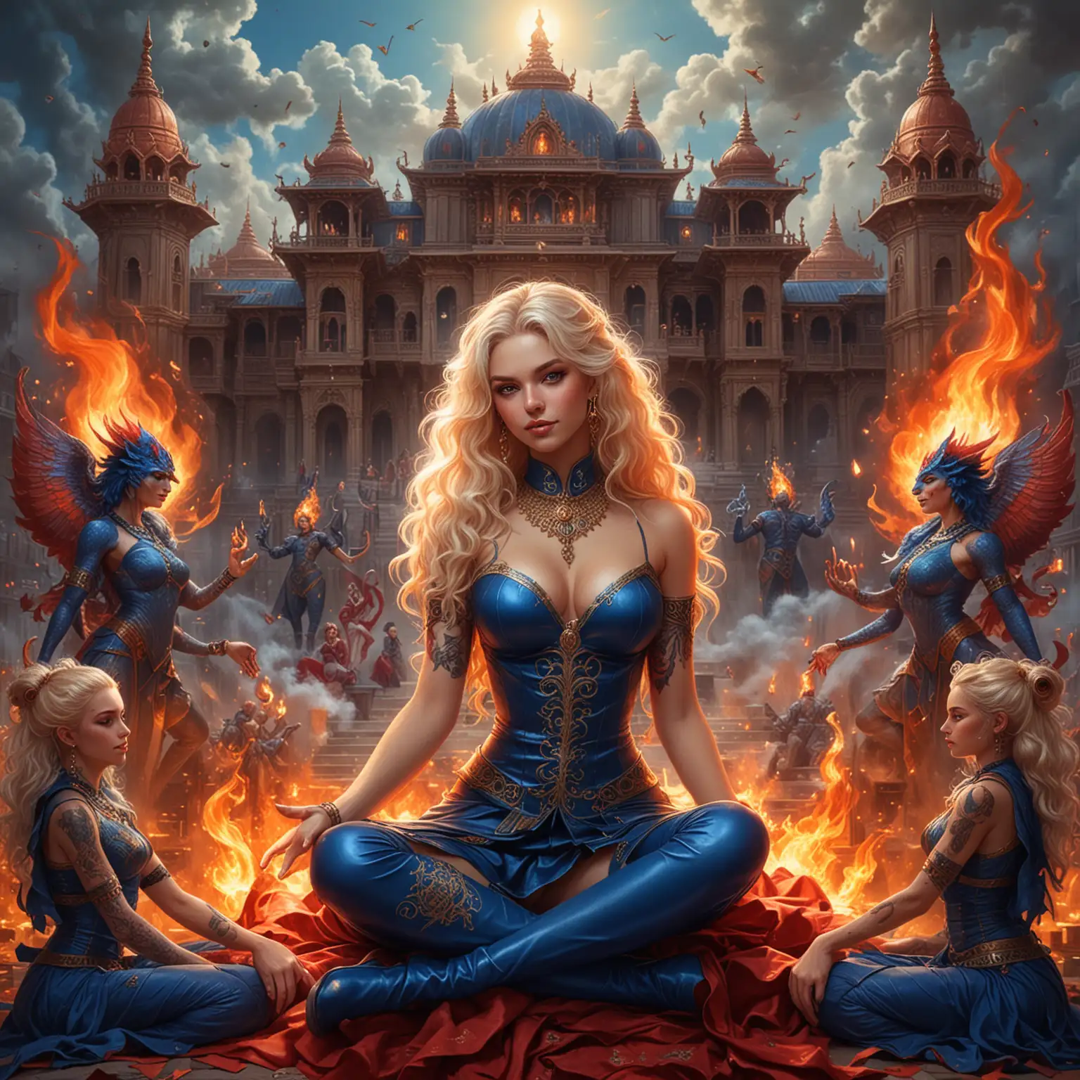 Adolescent Empress Goddesses and Sorceresses Surrounded by Fiery Dragons