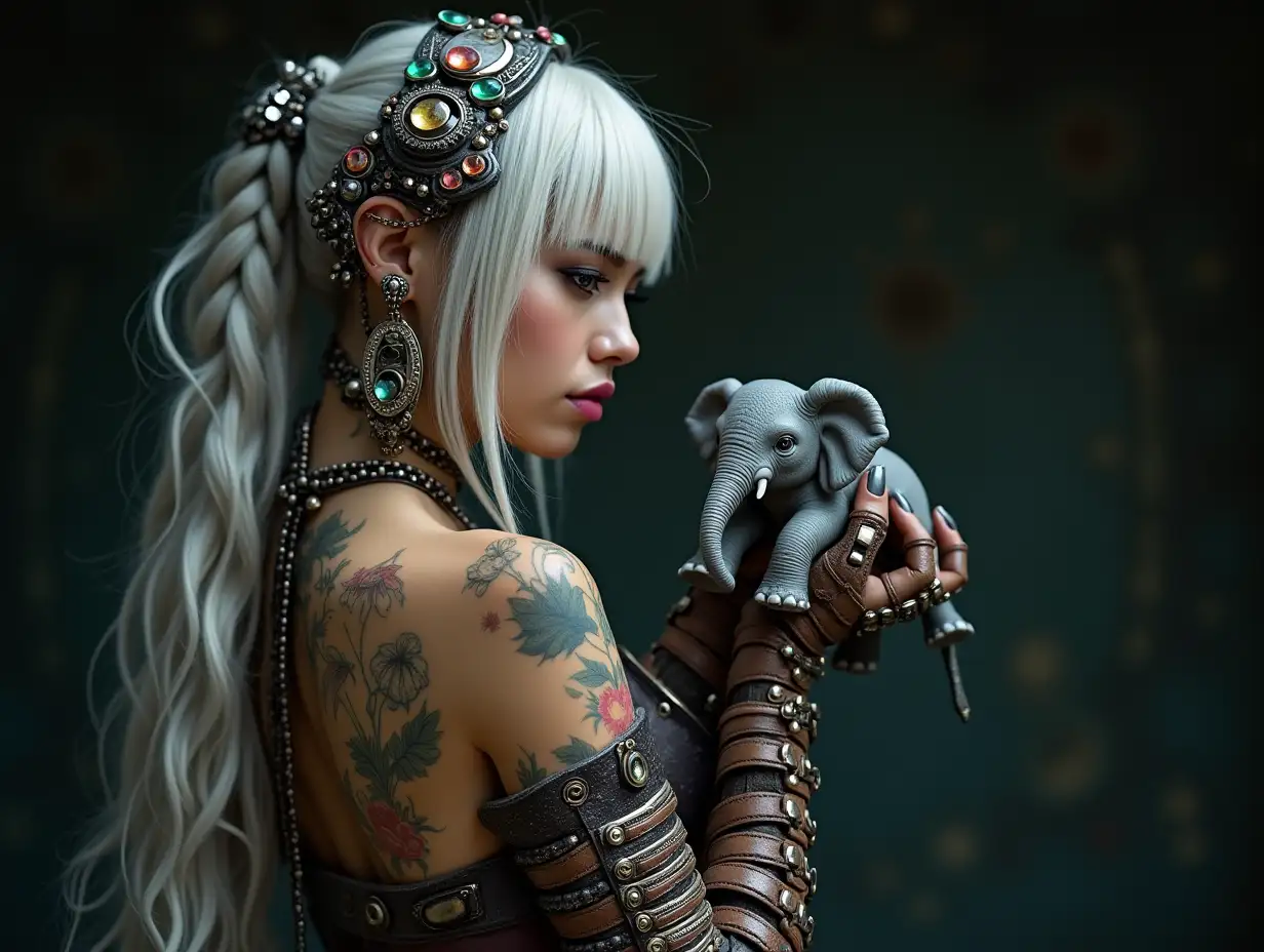 Lady with a -tattoo, futuristic long white-black hair, braided and laced up boots, holding Elephant baby in hand - Intricately detailed and colorfully worn and futuristic jewelry. Background blurry, black 120-mm Steampunk shot