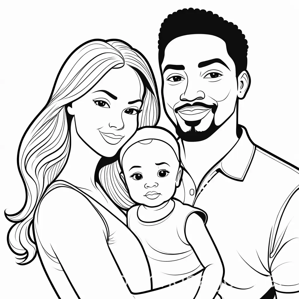 Family Portrait of Three, Black Guy, White Woman, Little Baby, Coloring Page, black and white, line art, white background, Simplicity, Ample White Space. The background of the coloring page is plain white to make it easy for young children to color within the lines. The outlines of all the subjects are easy to distinguish, making it simple for kids to color without too much difficulty