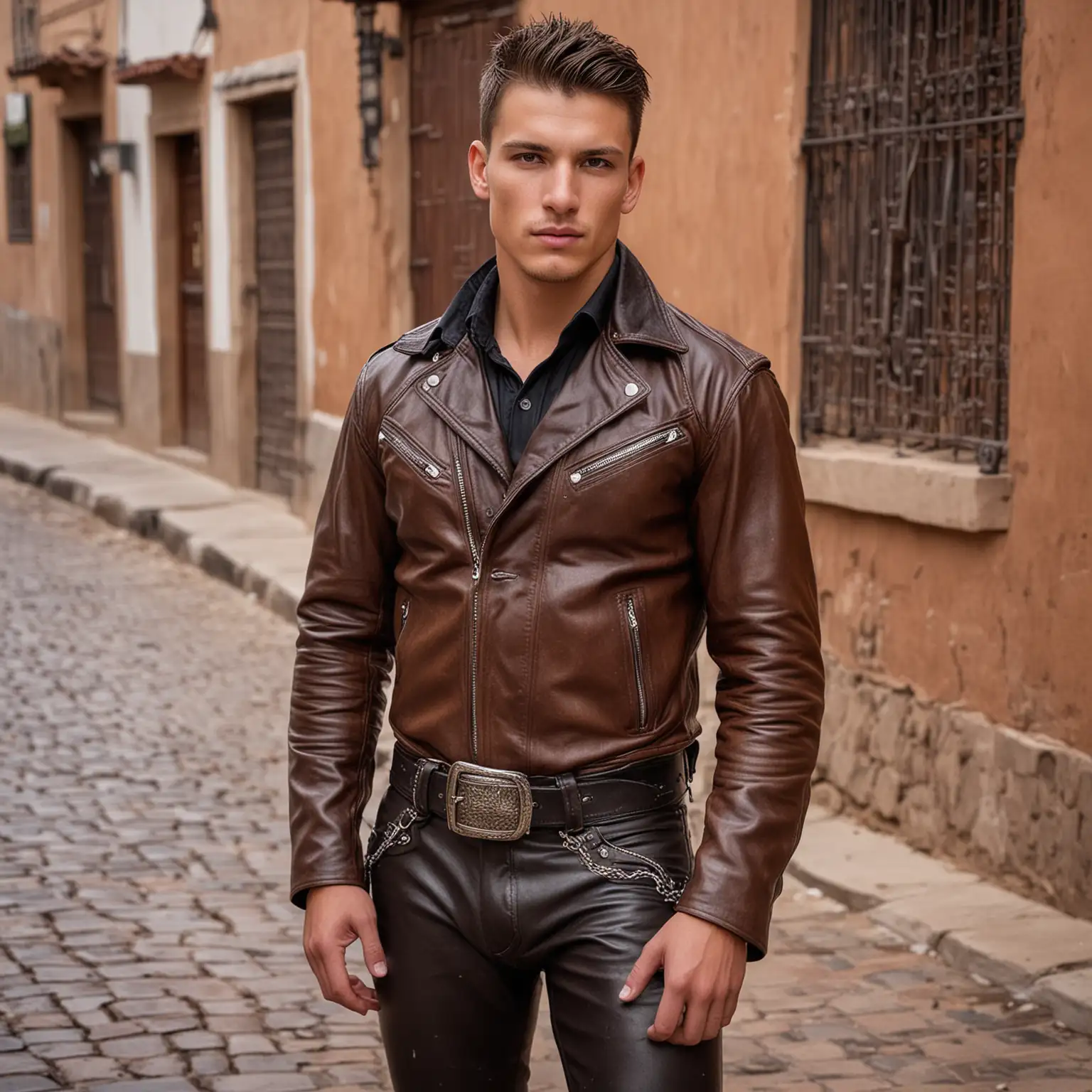 strikingly good looking muscular white young man mid-twenties in age, clad in very tight weather saddle-brown leather pants, black-leather belt, silver buckle showing off this large groin bulge, weathered saddle-brown leather biker jacket, stands on the streets of a pueblo in Mexico