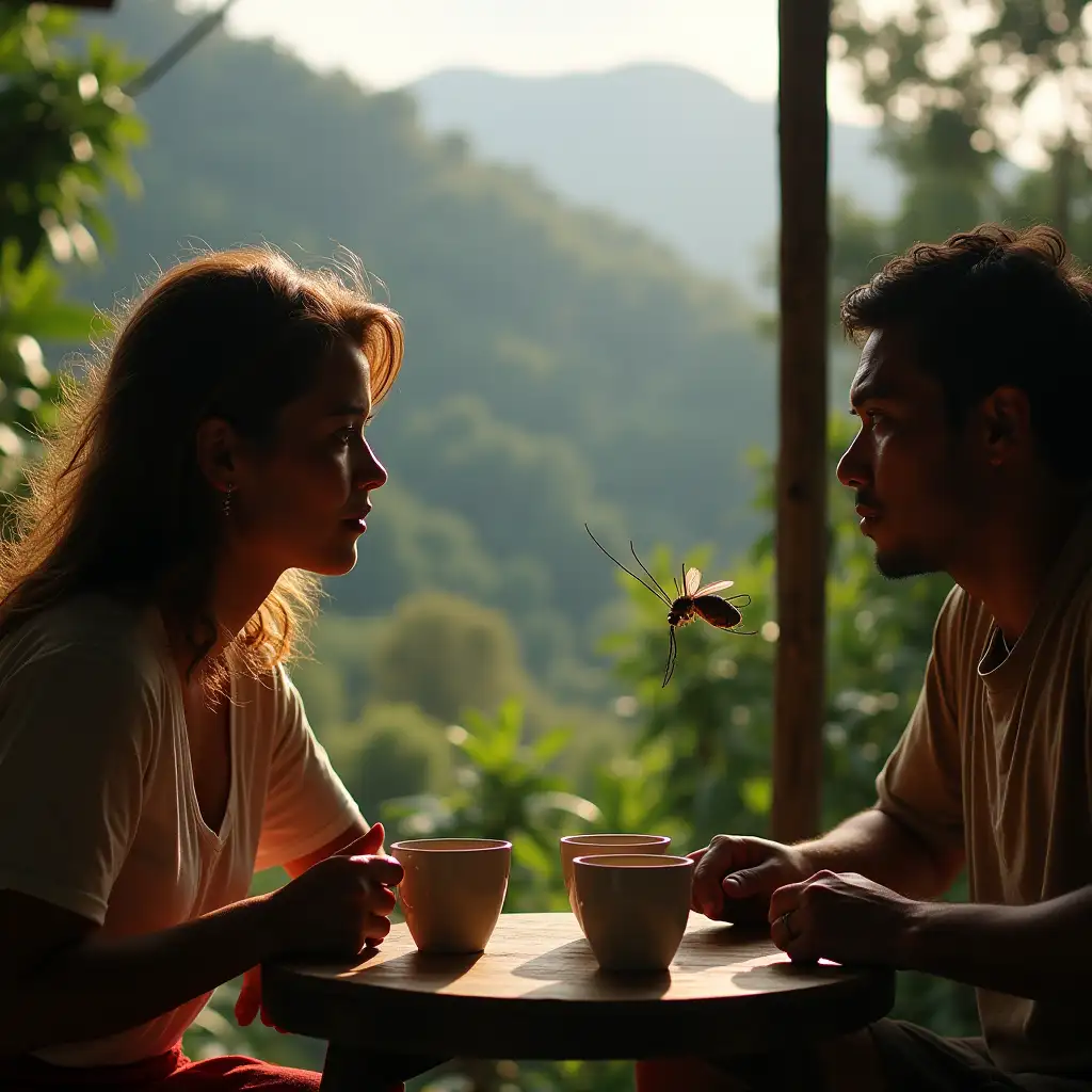 Create a woman and a man drinking a cup of colombian coffee in the quindio mountains add a dengue mosquito looking at them