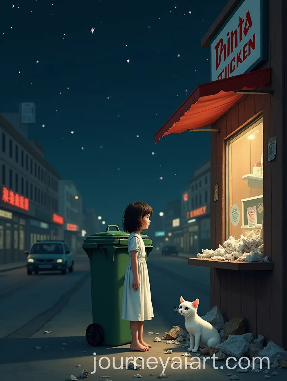 Sad-White-Kitten-in-Shabby-Dress-Staring-at-Fried-Chicken-Stall-with-Scattered-Garbage-at-Night