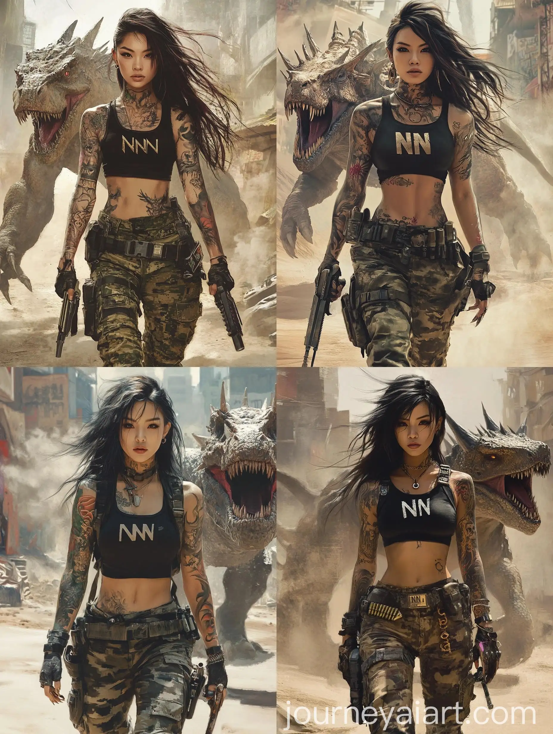 Fierce-Tattooed-Asian-Woman-and-DinosaurLike-Creature-in-PostApocalyptic-Cityscape