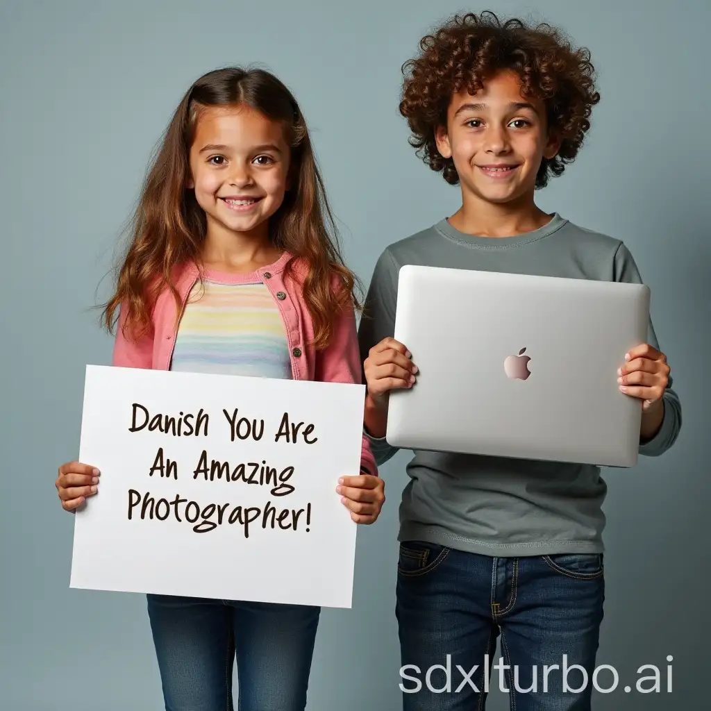 A girl holding a banner on which it reads 'Danish You Are An Amazing Photographer' next to a boy who is holding a banner which reads 'Mac Book Pro'