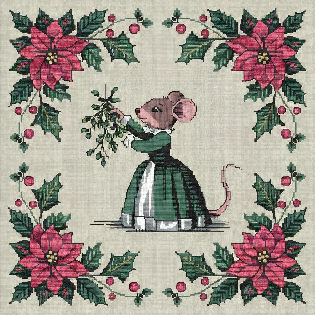 Victorian Mouse Decorating Mistletoe in Floral Christmas Border