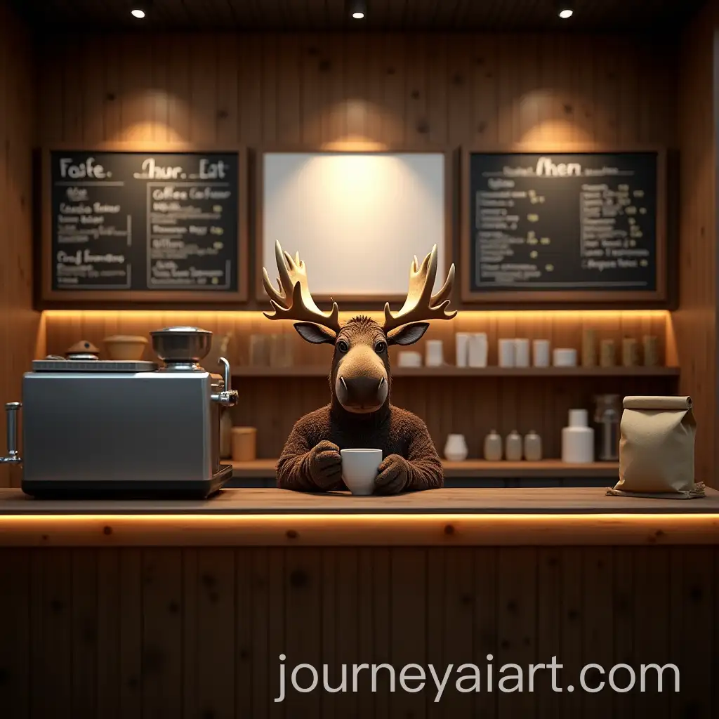Cozy-Coffee-Shop-with-Friendly-Moose-Barista-and-Chic-Decor