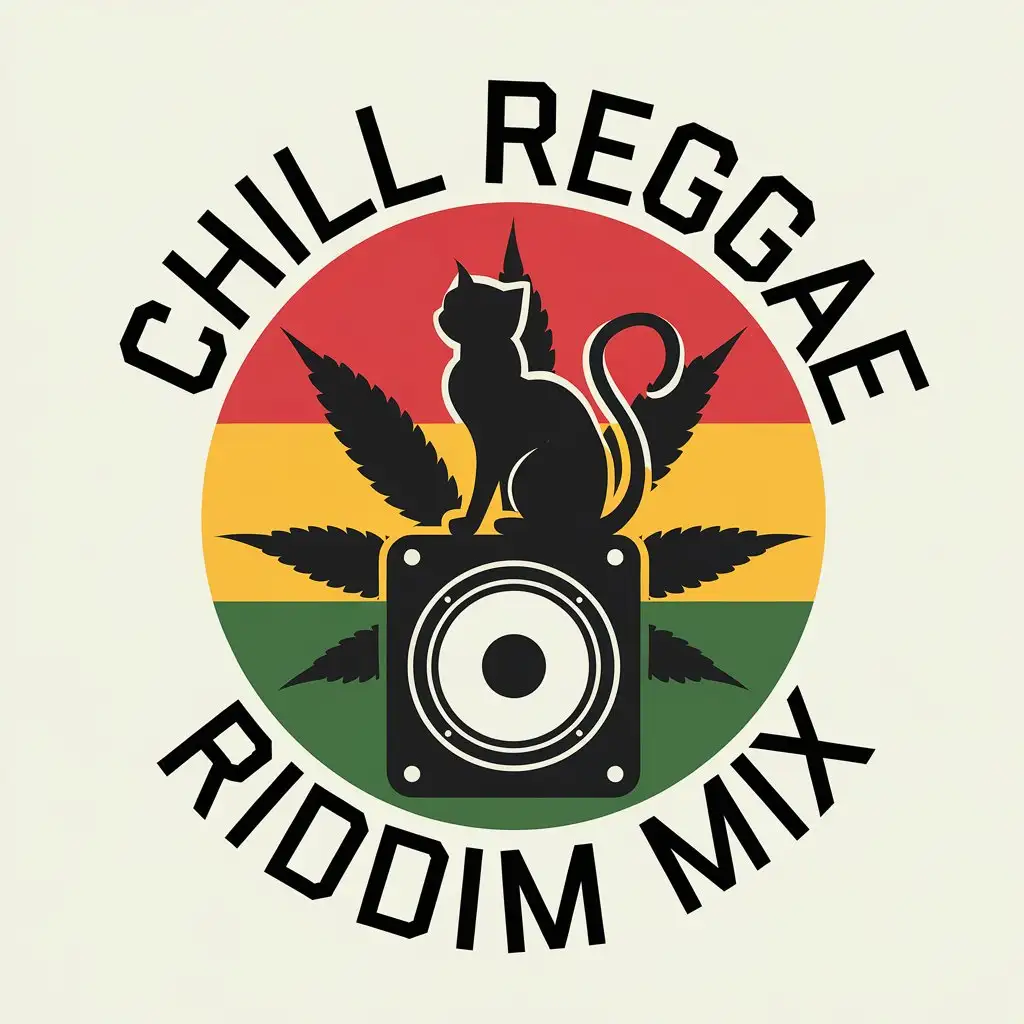 LOGO Design for Chill Reggae Riddim Mix Black Cat Speaker Marijuana Silhouette with Rasta Colors and Reggae Theme