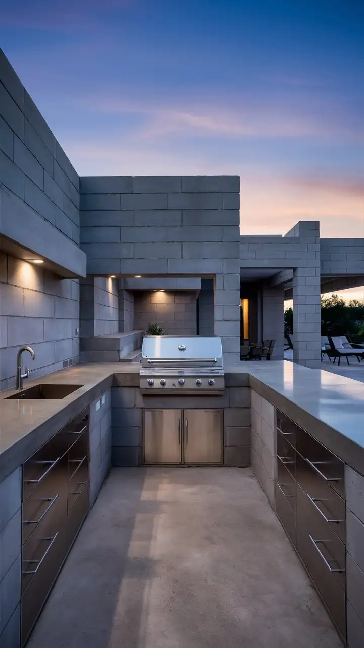 Stunning real incredible DIY Outdoor Kitchen made from concrete blocks, wide shot, modern minimalist style, smooth grey concrete finish, built-in gas grill, polished concrete countertop, stainless steel drawers and doors, clean lines, modern patio furniture, evening twilight, realistic, photorealistic, 8k, high detail