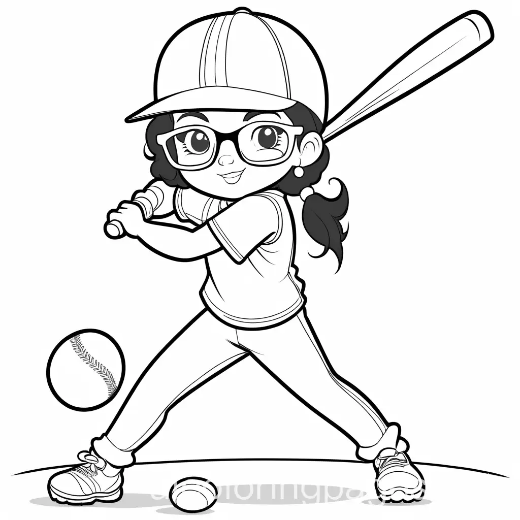 kid playing baseball, coloring page, simple lines, baseball, hispanic girl, hearing aid, batting, glasses