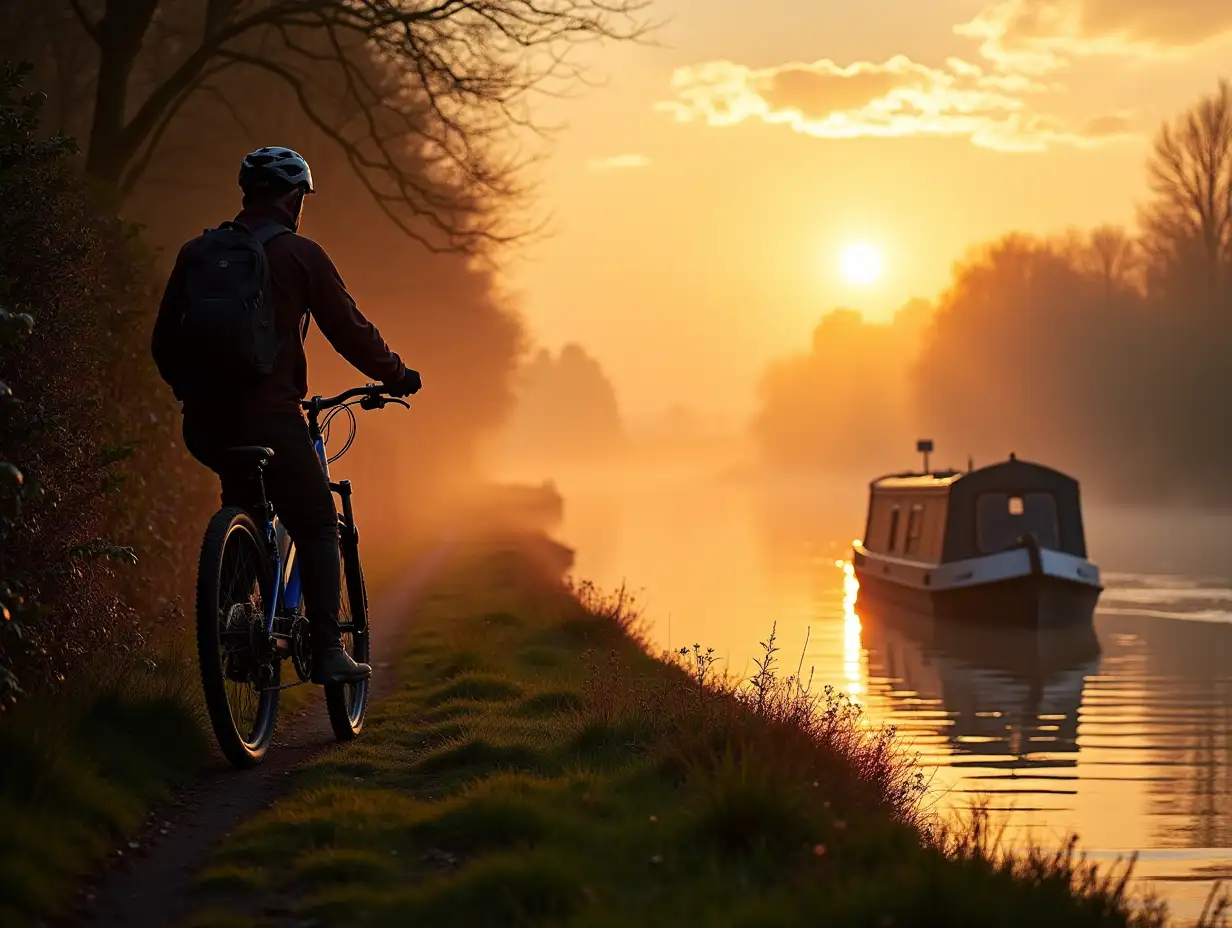 Early-Morning-Sunrise-Canal-Boat-with-Mountain-Bike-and-Mist-on-River-Trent