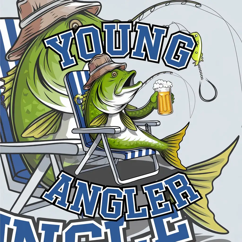 LOGO Design For Young Angler Green Fish in Blue White Lawn Chair Fishing with Beer