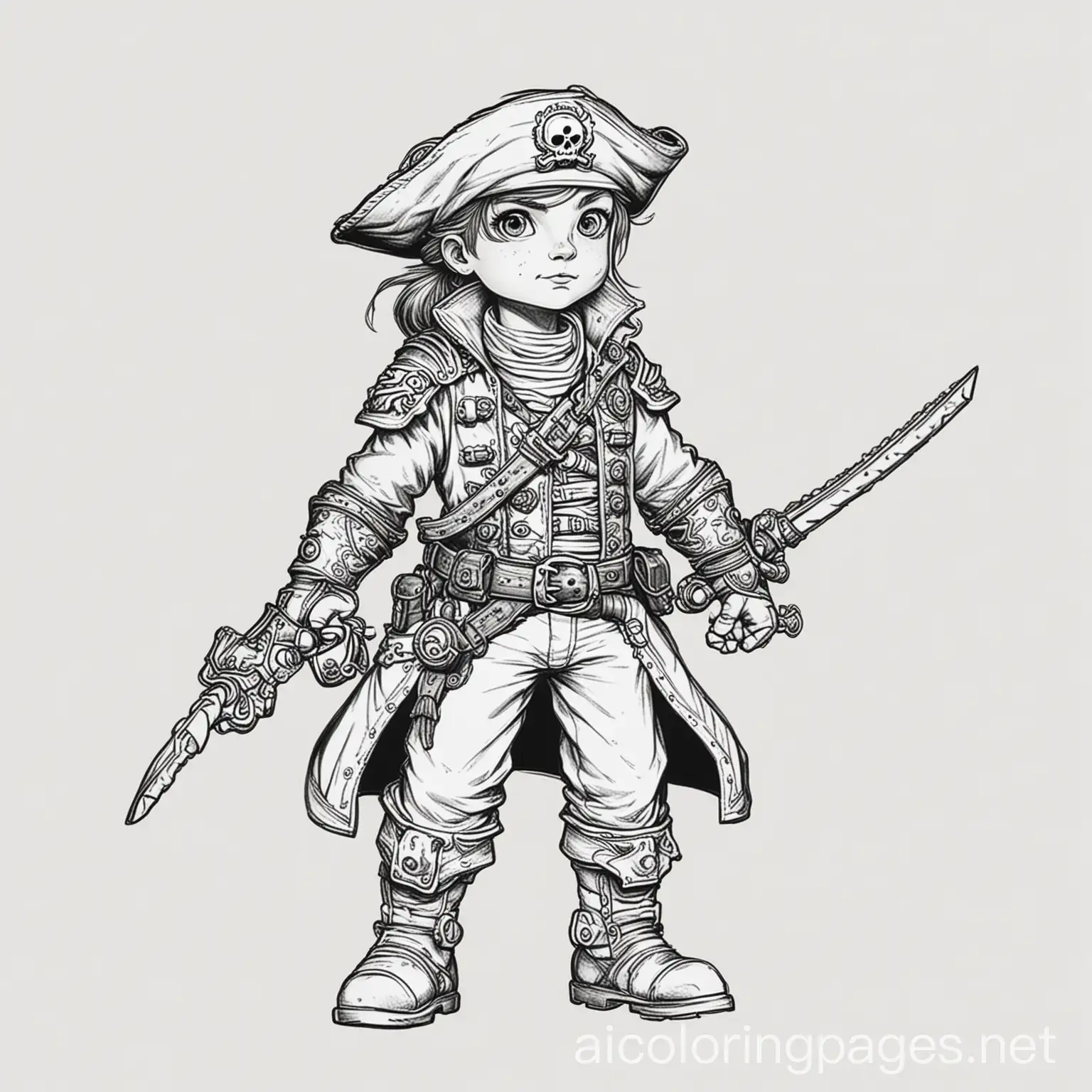 space pirate, Coloring Page, black and white, line art, white background, Simplicity, Ample White Space. The background of the coloring page is plain white to make it easy for young children to color within the lines. The outlines of all the subjects are easy to distinguish, making it simple for kids to color without too much difficulty