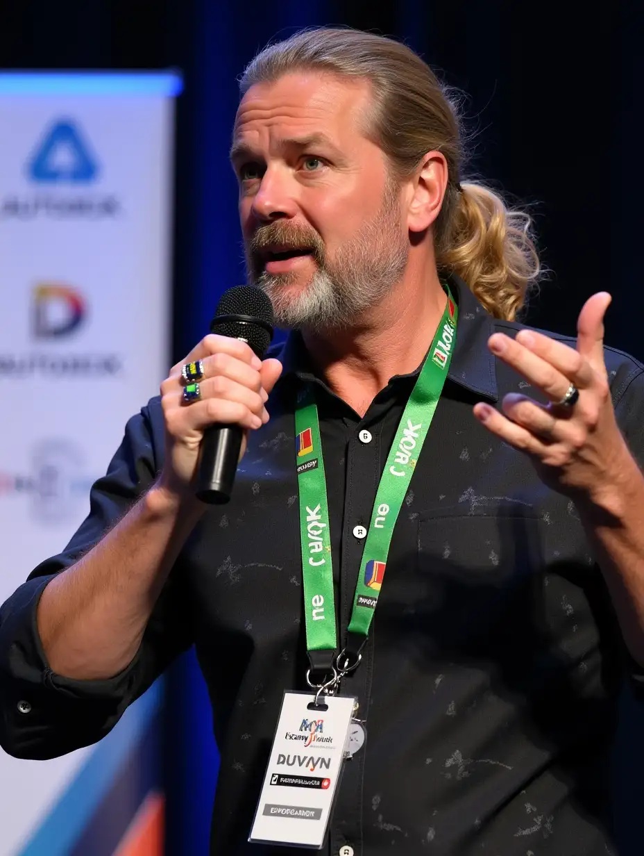 A charismatic speaker is captured mid-speech. He has long, slightly wavy blonde hair tied back in a ponytail. His expressive face, adorned with a salt-and-pepper beard and mustache, is animated as he gestures with his left hand, displaying a large ring on his pinky finger. He is holding a black microphone in his right hand, speaking passionately. The man is wearing a dark, textured shirt with unique, slightly shimmering patterns, and a green lanyard with multiple badges and logos hanging around his neck. The lanyard features the 'Autodesk' and 'V-Ray' logos prominently. Behind him, there is a blurred background with a white banner containing logos and text, indicating a professional or conference setting. The overall scene is vibrant and dynamic, capturing the energy of a live presentation.