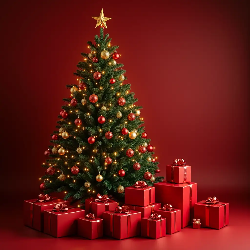 Christmas tree decorated with golden and red balls and many presents in red color near the tree