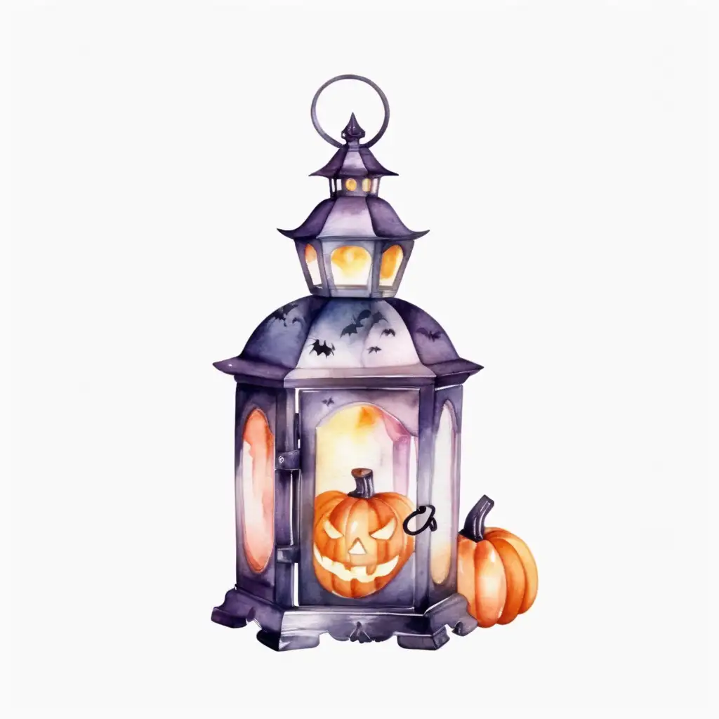 Spooky Halloween Lantern Watercolor Art Isolated White Background