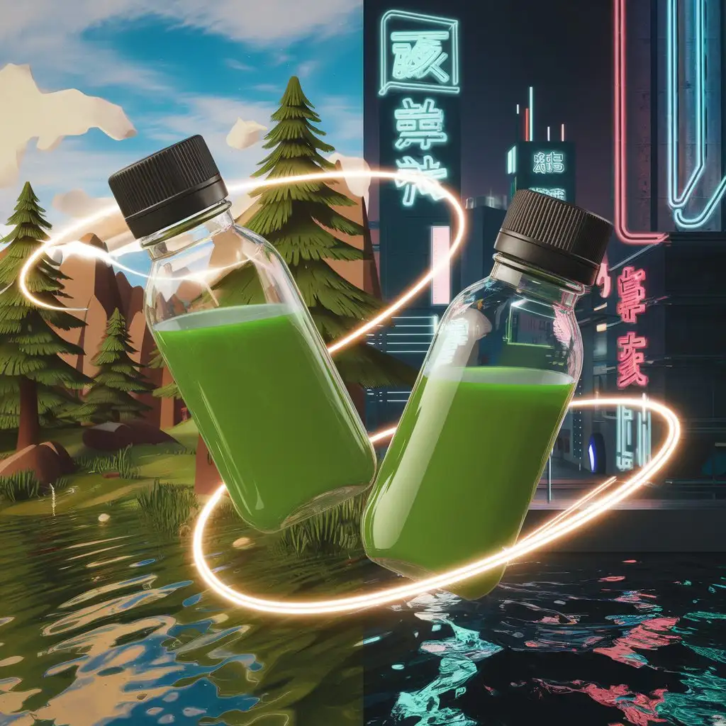 two bottles on a nature background and neon with 3d special effects