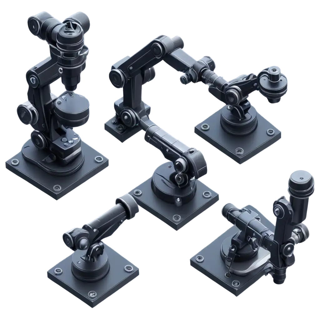 4 isometric view 3D icons for robotic arm, microscope, user icon, monitor, cyberpunk style