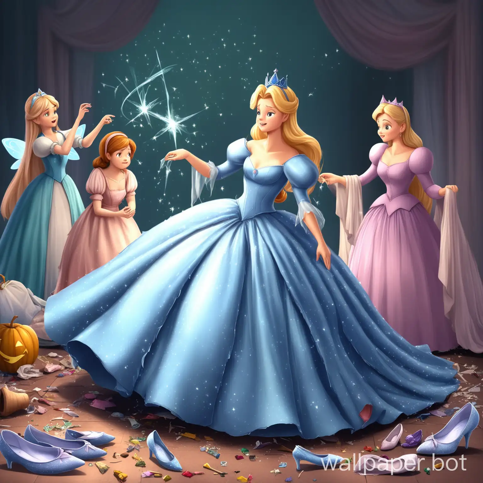 The fairy godmother is trying to make Cinderella a gown from the scraps of the one her sisters tore up. Everything goes well until the spell backfires, leaving Cinderella in her unde3rwear.