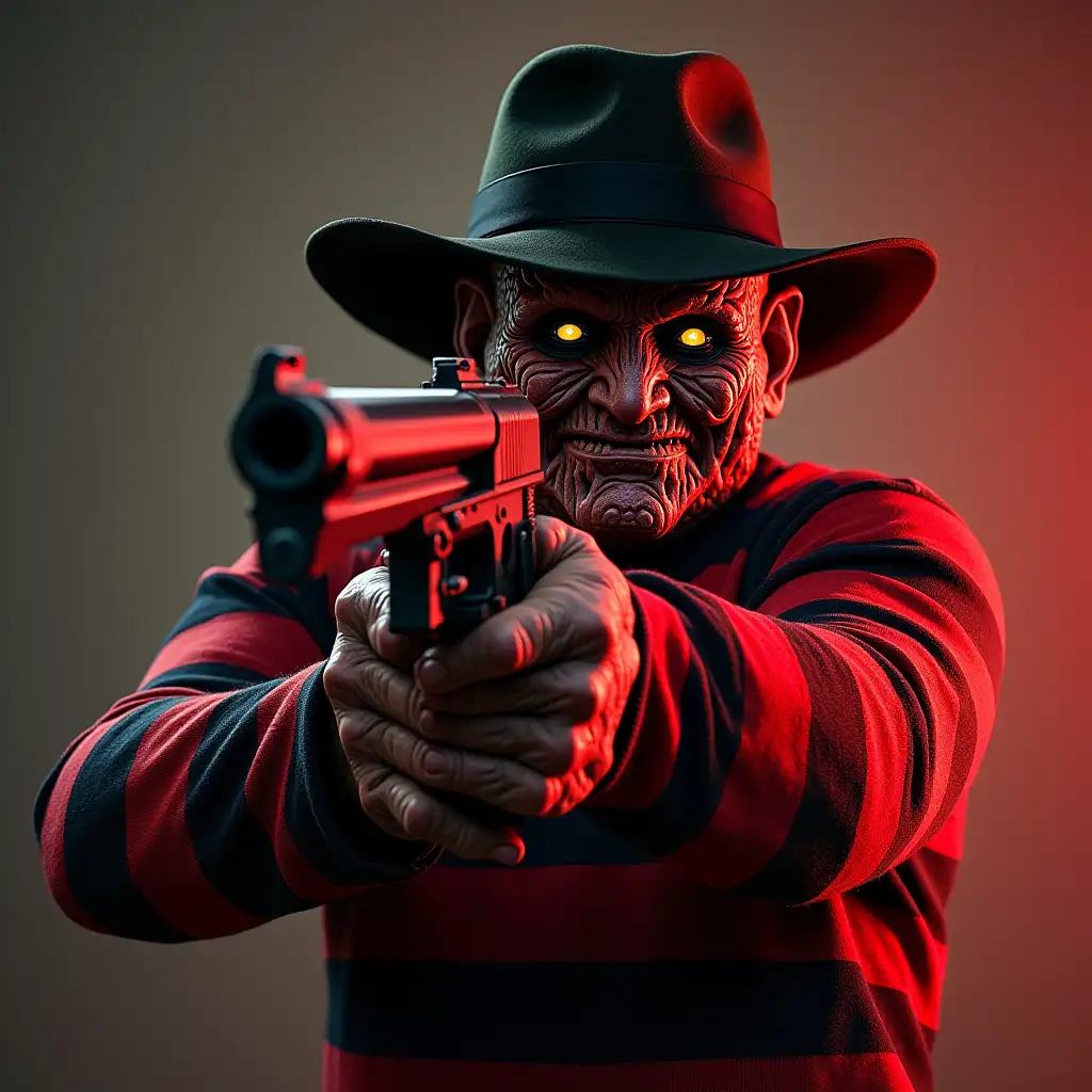 Hyper realistic and photorealistic, Epic Manga Freddy Krueger with a machine gun in hand aiming out