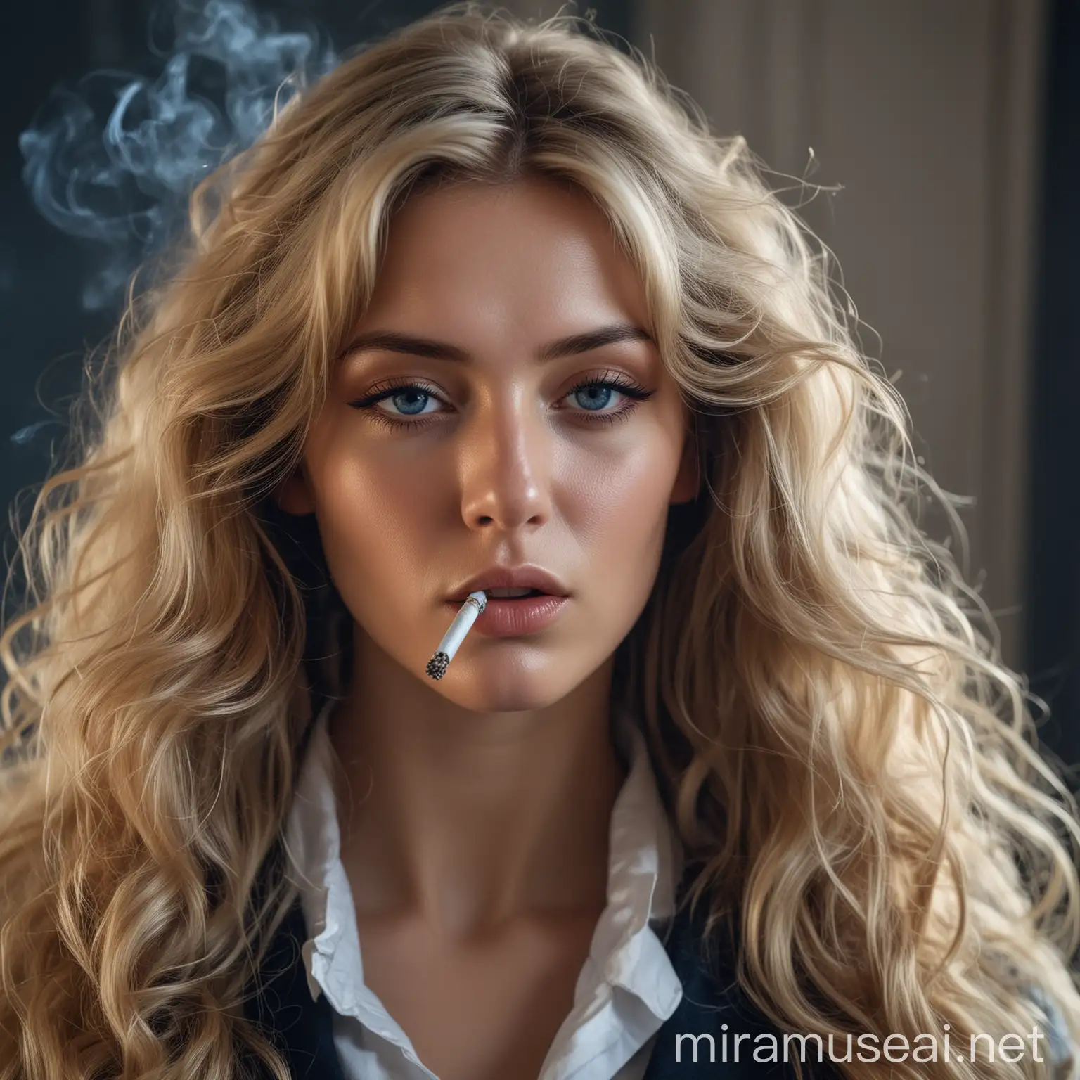 Sophisticated Caucasian Slavic Woman Smoking in Dramatic Bedroom Setting