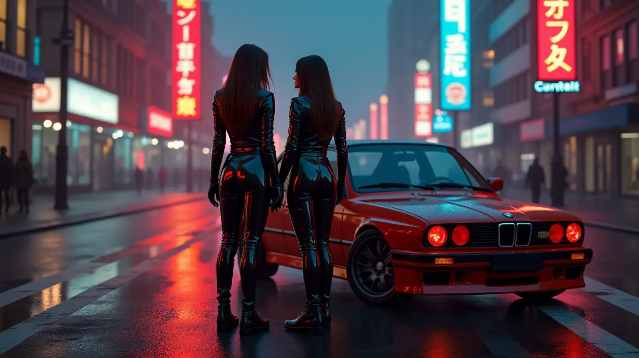 Cyberpunk-Women-in-Shiny-PVC-Outfits-with-BMW-M3-E30-in-Dusk-Cityscape