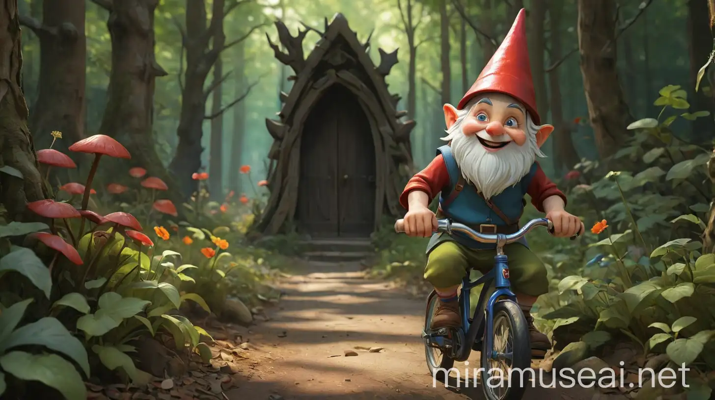 Gnome Riding Bicycle at Devil Forest Entrance