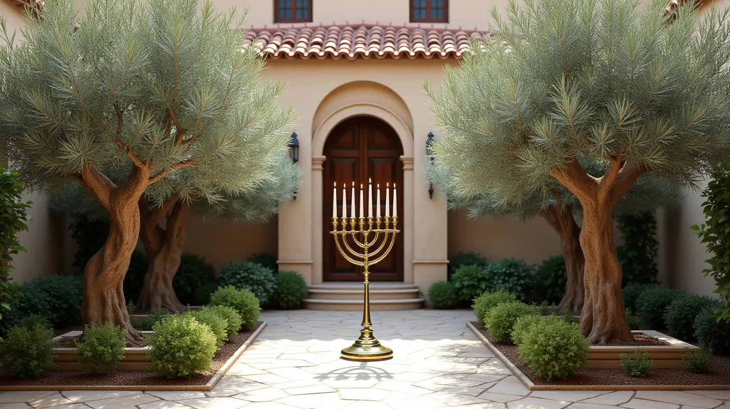 Olive Trees and Menorahs in a Serene Stone Courtyard Garden