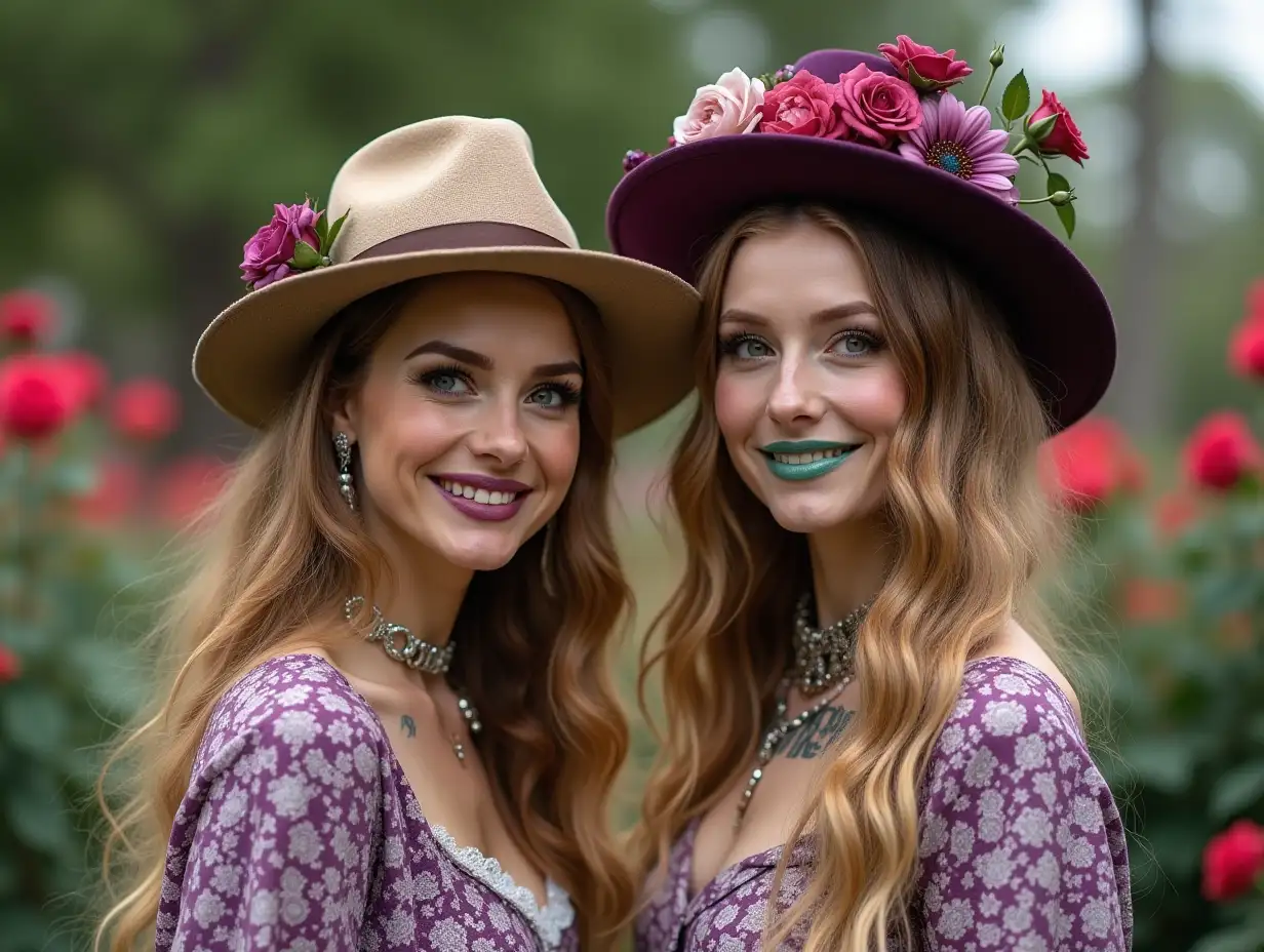 Two different 80 black women long golden hair wear a blouse with purple and white patterns, light smile on the face, tattoos, Retro Mini hat with flowers, green glitter lipstick emphasizes their smile, modern jewelry, and more, in a park with many roses Steampunk 8k quality