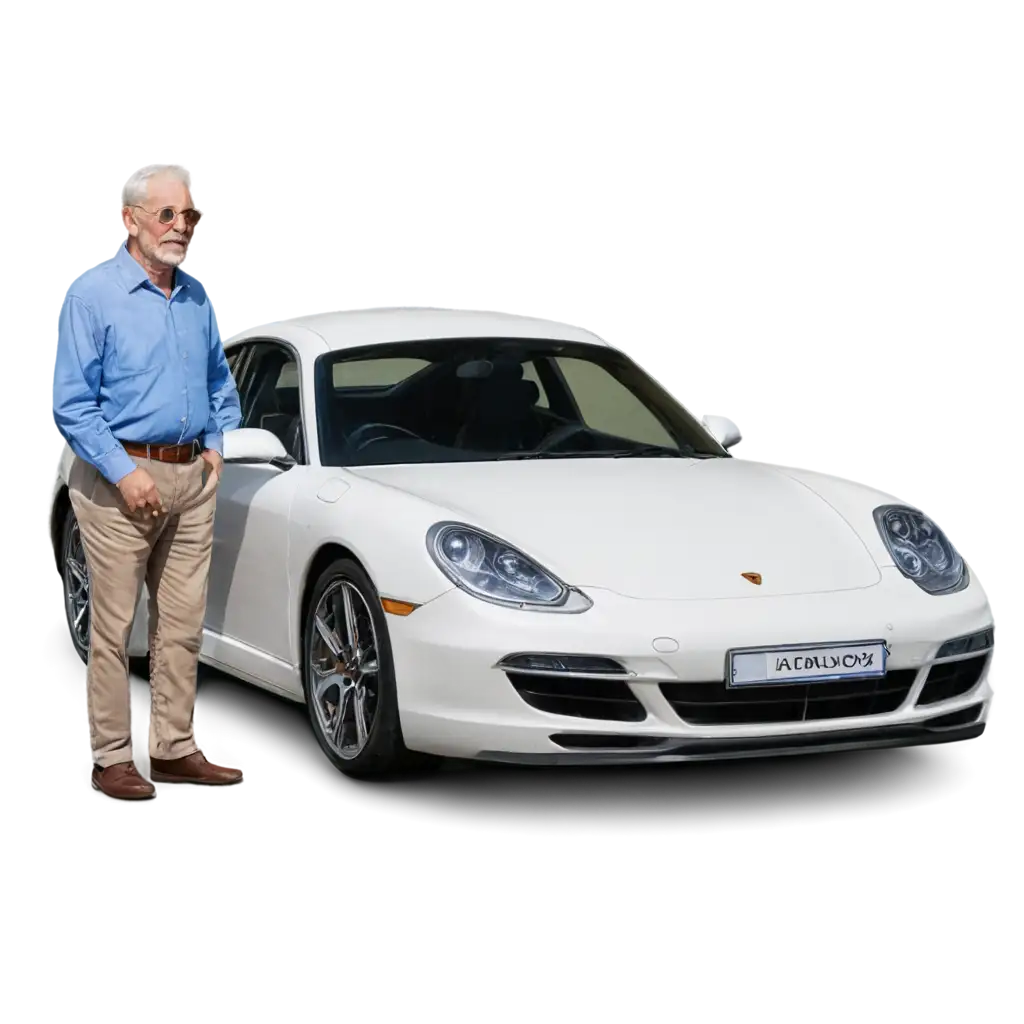 an old man beside a porsche car