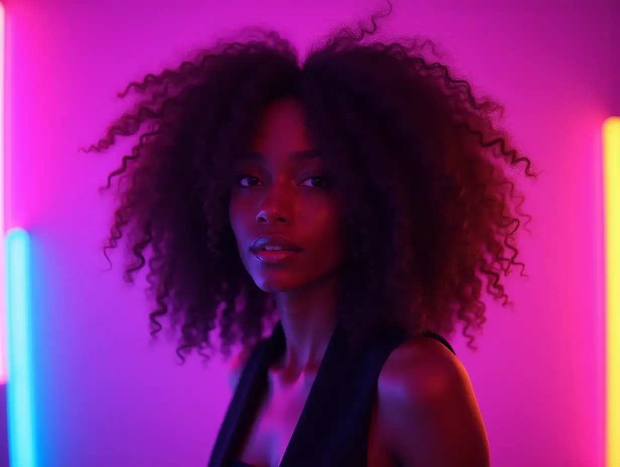 Generate an image of a stunning Black model with voluminous, curly hair as the focal point. She stands against a vibrant purple background, illuminated by dynamic neon lights in contrasting colors like pink, blue, and yellow, casting a soft glow around her. Her expression is confident and captivating, and she’s dressed in a sleek, modern outfit that complements her natural beauty. The curly hair is detailed and textured, with every strand visible. Capture the scene in a hyperrealistic style, as if shot with a high-resolution camera—a full-frame DSLR with an 85mm lens, f/2.8 aperture—delivering ultra-sharp clarity, rich color depth, and a shallow depth of field that keeps her in crisp focus while the neon-lit background blurs slightly, ensuring she remains the undeniable highlight of the image.