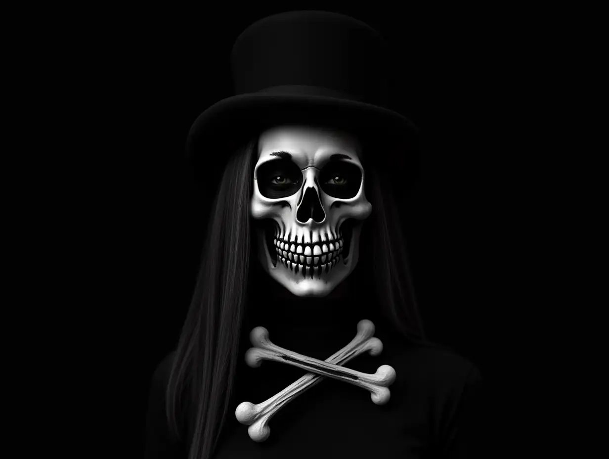 Realistic-Skull-and-Crossbones-Woman-with-Top-Hat-on-Black-Background